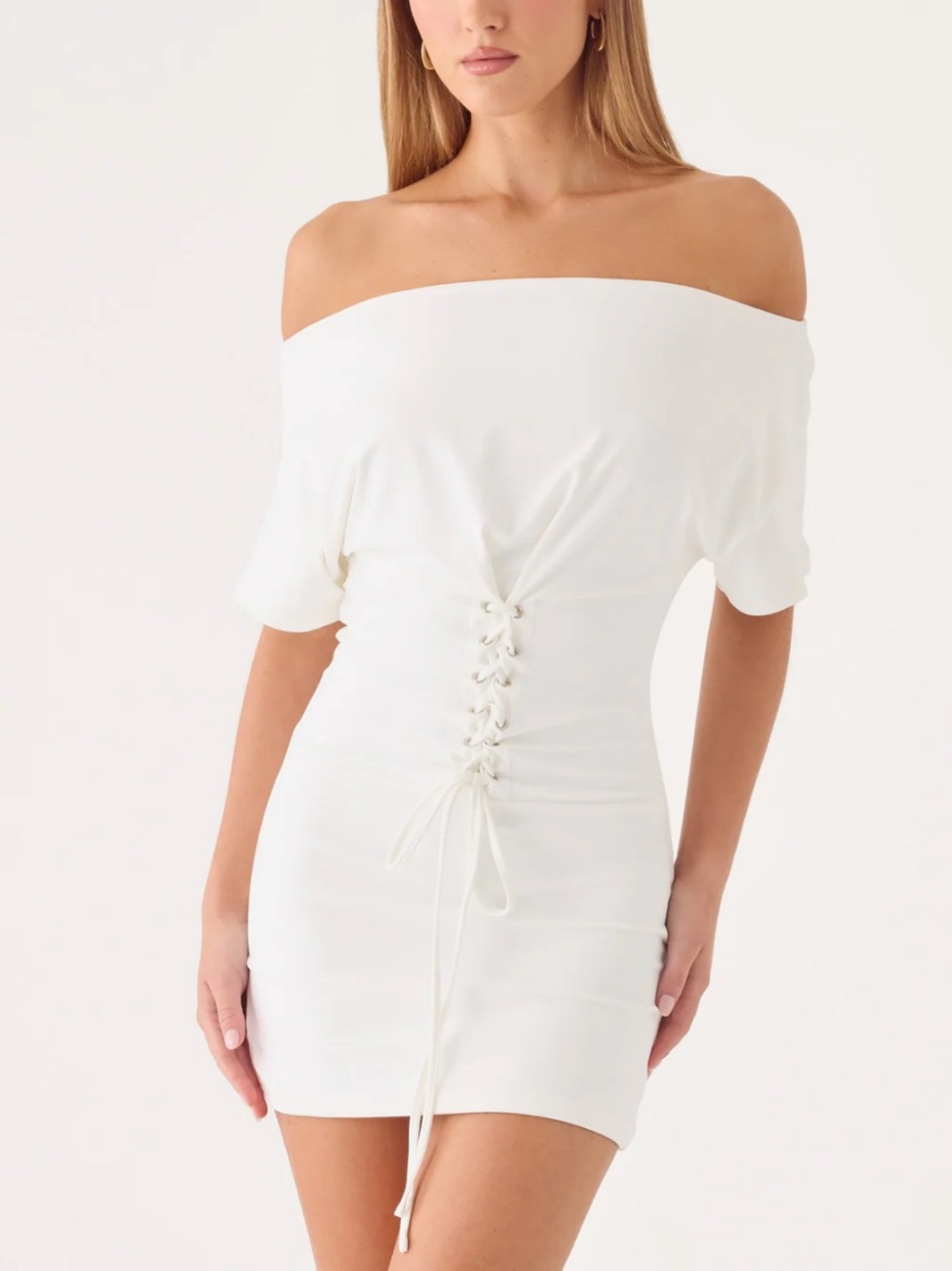 Off-Shoulder White Lace-Up Mini Dress